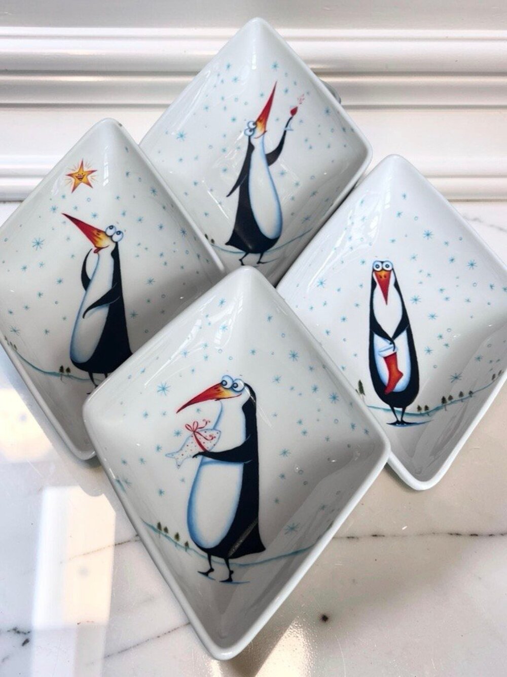 RARE Royal Worcester Clare Mackie Penguin Hors d'Oeuvres Christmas Dish Set of 4
